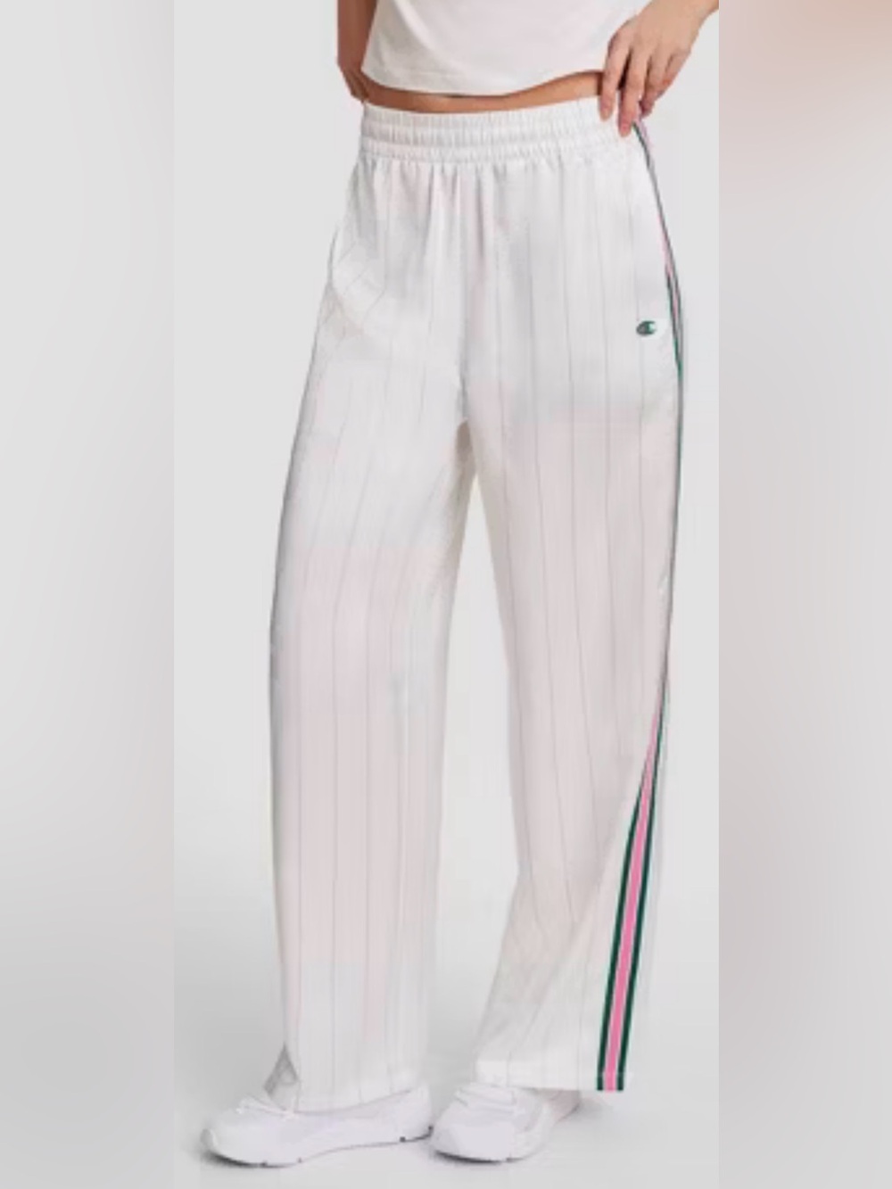 Champion Wide-Leg Pinstripe Track Pants in White with Green & Pink Stripe XS